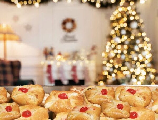 image of cheese danish in front of Christmas tree